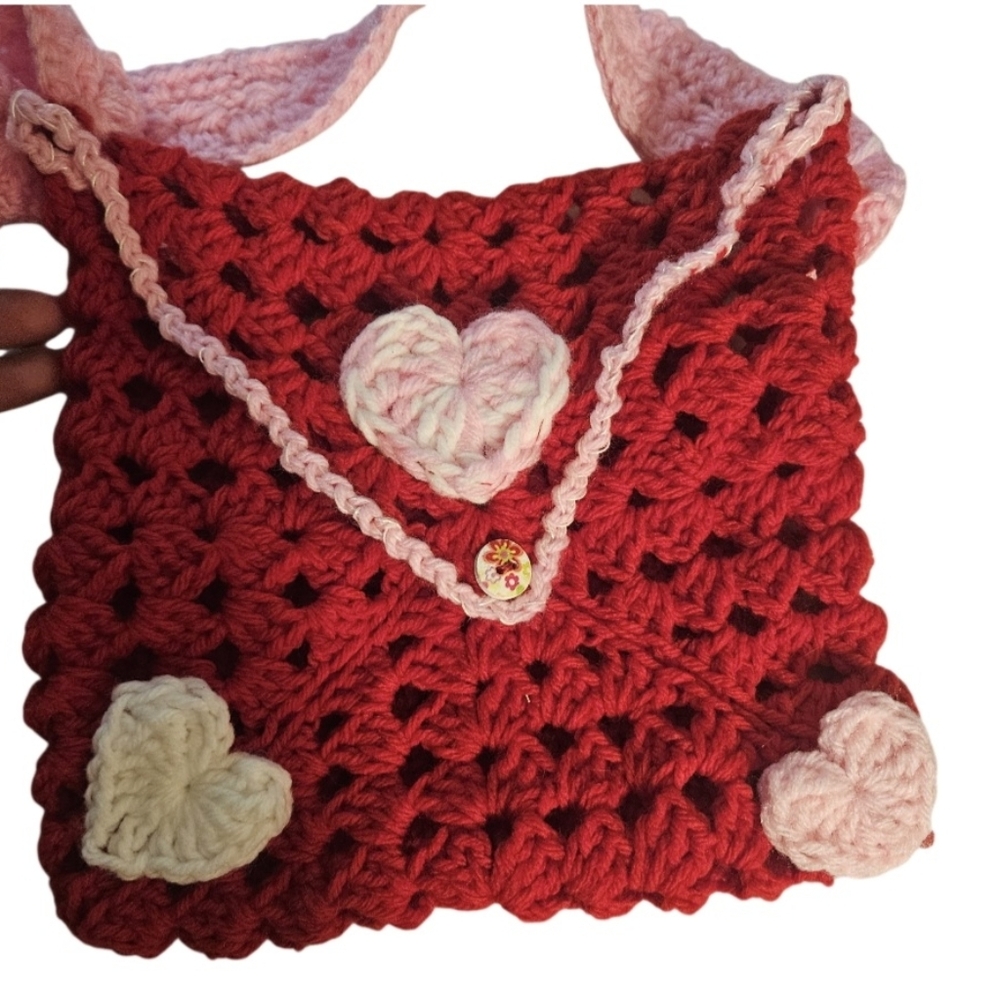 Handmade Granny Square Heart Crochet Handbag Valentine's Day Red Envelope Purse - Picture 4 of 16